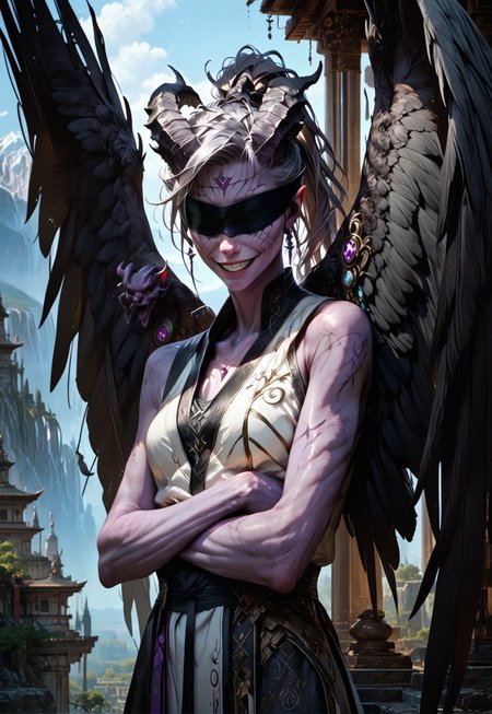 (absurdres, best quality, masterpiece:1.4), 
score_9, score_8_up, score_7_up, score_6_up, 
detailed, 
detailed body, 
detailed face, 
(((smooth skin, unbroken skin, detailed skin))), 
fantasy, 
alone, 

female, 
tiefling, 
h0rns, 
ram horns, 
black horns, 
tall, 
((((purple skin)))), 
((long grey hair, ponytail)), 
(((wingsd, black wings))),

crossed arms, arms across stomach, 
soft smile,

(white robe, sleeveless, 
blindfold, black cloth blindfold), 

depth of field, 
outdoors, 
mountain temple, 
upper body