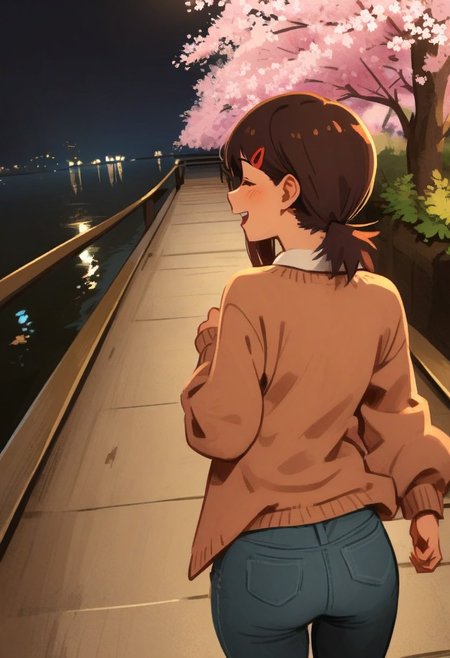 <lora:Khyle. v3:0.8>, pov, walking on japanese bridge, night walk, looking at viewer from behind,
Higashiyama_Kobeni, white tank top, cardigan, open cardigan, jeans, yummy face, closed eyes, happy,
railing, lake, bridges, cherry blossoms,
masterpiece, best quality,