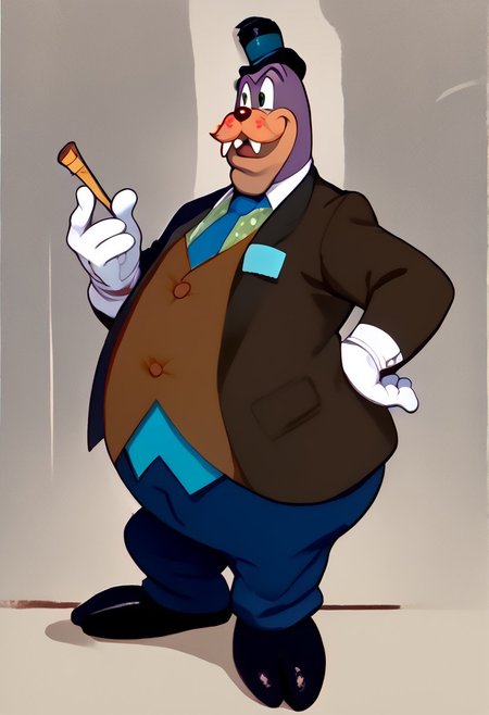 <lora:Honestjohngusherpony1.0:0.5>, walrus dressed as honest john gusher, as a walrus, fat, overweight, walrus tusks, squinting eyes, smile, solo, 1boy, male focus, <lora:pony_monocles-step00000800:1>,((monocle)),round eyewear, top hat,, suit, gloves, furry male, mustache, necktie, standing, score_9, score_8_up, score_7_up, score_6_up, score_5_up, score_4_up, looking at other, hand on own hip, cowboy shot, 1930's toon city,
