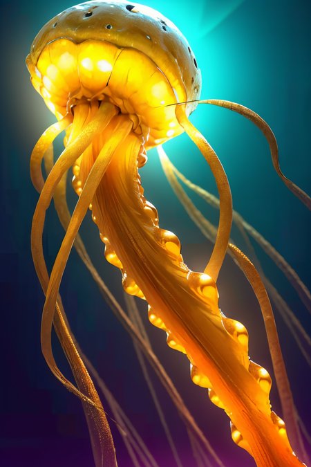 (Yellow and orange A floating, jellyfish-like alien with translucent, bioluminescent tentacles that emit a soft glow. It has a central body chamber that pulsates with energy.:1.2) (Realisitc:1.5) alien woman monster, breasts, <lora:EdobMonsterFemale2_v1.0:0.8>