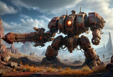 , amazing quality, masterpiece, best quality, hyper detailed, ultra detailed, UHD, perfect anatomy, portrait, dof, hyper-realism, majestic, awesome, inspiring, closeup of a planets surface, a giant old rusty decaying Dreadnought mech drdnght machine standing on it, Wielding sword, barely visible at the Planets surface under a curtain of clouds, rockets in Atmosphere, atmospheric haze, atmospheric lighting, cinamatic composition, soft shadows, national geographic style