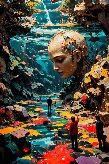 people kissing a very big female head, aquarium, beautiful surreal landscape, paint stains in the water, vivid colors, colorful, multilayer paint splash style, <lora:Hand v2:1> <lora:Anti-Blur:1> <lora:Insane Detail Slider:0.5>   <lora:Flux.1_Turbo_Detailer:0.6>   <lora:flux-photo-transparent_Alpha_1.0:0.8> <lora:flux.1_lora_flyway_Epic-detail_v2:1>   <lora:Painterly01b_CE_FLUX_AIT:0.8> pntrlyCE_style <lora:PsykeV1:1>  <lora:VividlySurreal:1>