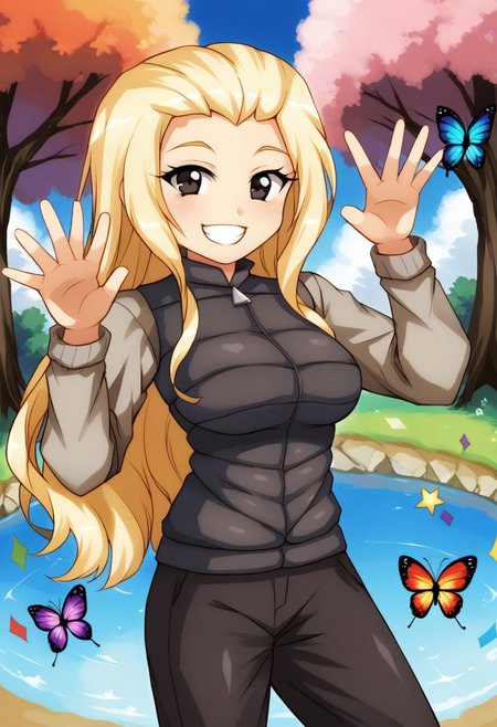 cute, kawaii, 2000s anime, moe anime, 2000s anime style, moe anime style, <lora:ALTXL_pony_0061_8:4>, dire, direpony, score_8_up,score_7_up, 1girl, long hair,blonde hair, slicked back hair, black eyes, black pants, demure, eyeliner, facing viewer, looking at viewer, parka, sunshine, hapiness, rainbows, butterflies, big smile, big grin, happy pose, sunbeams, trees, water, cute, kawaii, cutecore, kawaiicore, cutegore, kawaiigore, colorful stars, pastel colors, hearts, rainbow, rainbow text