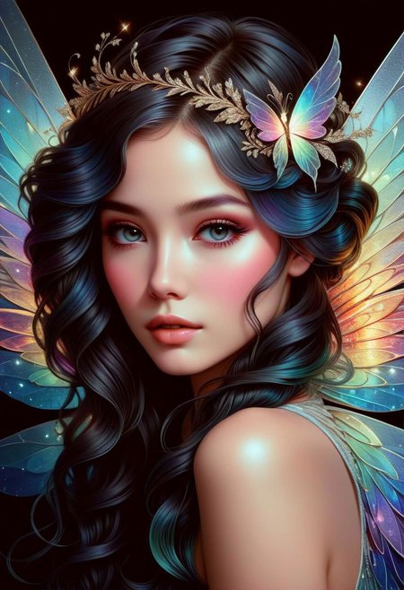 hyper detailed beautiful sugar fairy, coherent delicate face, wavy luxurious hair, intricate iridescent wings, on black velvet canvas, centered composition, rule of thirds, drop shadowed, art by charlie bowater, anna liwanag, tom wood, keith garvey
