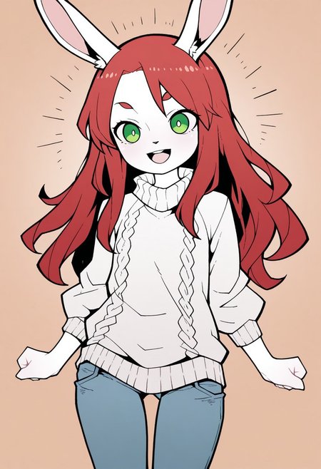 masterpiece,best quality,amazing quality, very aesthetic,rabbit girl,furry,red hair,white rabbit ear,solo,add detailed eyes,green eyes,dressed,happy,long hair,roll-up sweater,jeans,AkablStyle, AkablStyle, flat_color