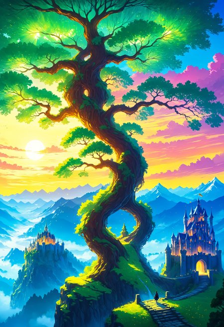 A greet giant tree in an epic landscape, a majestic castle on it's branch,  fantasy, glow, 8k  <lora:sss:1>   <lora:Dreamyvibes artstyle SDXL - Trigger with dreamyvibes artstyle:1> Dreamyvibes Artstyle, Fantasy painting art style, imaginative, dynamic composition, professional-grade execution, creates immersive world and landscape, painterly, epic, magical