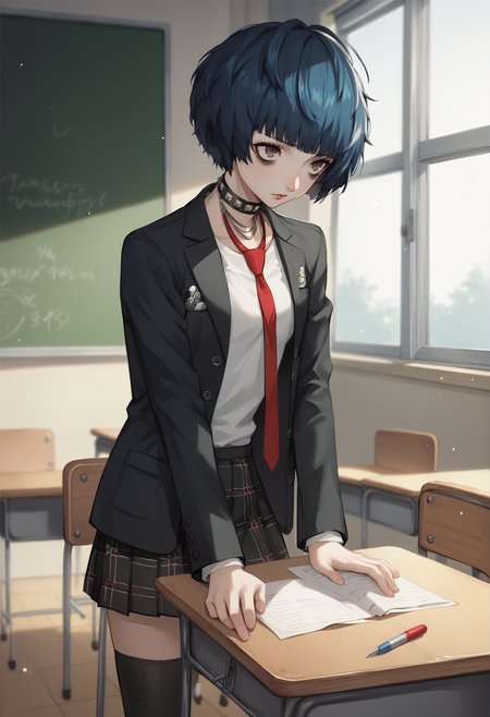 persona, persona5, shuujin academy school uniform, school uniform, black blazer, white shirt, red necktie, loose necktie, takemicasualp5, short hair, bob cut, black hair, blue hair, choker, bags under eyes, piercing, asymmetrical legwear, indoors, classroom <lora:zs_TakemiXL persona 5:1>, score_9, score_8_up, score_7_up, score_6_up, score_5_up, score_4_up, BREAK source_anime, masterpiece