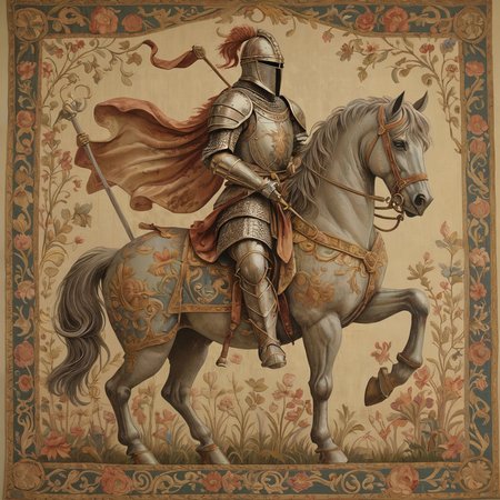 award winning photo, 

The ancient art of tapestry depicting a mythical knight in 3d, muted pastel colors, beautiful and detailed,
