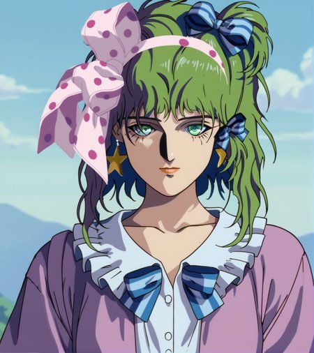 score_9, score_8_up, score_7_up,
<lora:Robot_Carnival_Presence:1>
Presence, 1girl, blue hair, green hair, multi-color hair, star earring, blue hair ribbons, pink dress with frilled collar, white background, pink polka dot bow, green eyes, upper body, outdoors, day, blue sky, retro_artstyle, source_anime,