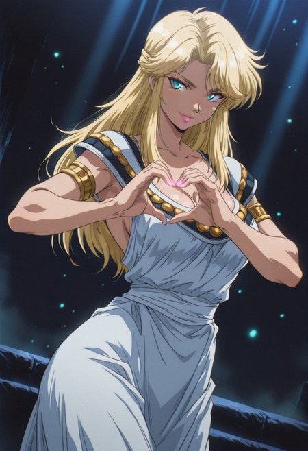 FatimavonVinlandTF, 1girl, solo, blonde hair, long hair, bangs, blue eyes, blonde eyebrows, full lips, pink lipstick, makeup, cleavage, large breast,round breast, long dress, dress ornament, collarbone, white sash, armlet, backless dress, white dress,
,seductive pose, sexy pose, tease, 
masterpiece, best quality, fine details, intricate details, depth of field, subsurface scattering, bokeh,
 ultra-detailed, very aesthetic, detailed background, newest, scenery, highres, absurdres, colorful, vibrant, glowing, perfect face, 2d, perfect eyes,  vibrant saturated colors, volumetric lighting, sharp, detailed eyes, perfect anatomy,  perfect face, perfect eyes, mature body, clear eyes, beautiful eyes, athletic, curvy body, athletic girl, perky tits, perfect tits, round breasts, pinup pose, teasing, lustful expression, perfect hands, 
muscular female, dutch angle, 
heart hands, hearts, smile,
,Smooth Negative, Smooth_Quality,
90s_anime_aesthetic, 1990s (style), retro, retro artstyle,dark_fantasy_style, dark fantasy, retro,