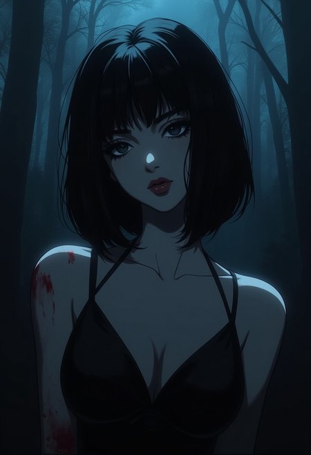 1girl, solo, black hair, looking at viewer, short hair, bangs, closed mouth, dress, black eyes, dutch angle, red lips, fair skin, big breasts, dark forest, dappled moonlight, upper body, blood, lowered head, GLSHS, partially illuminated