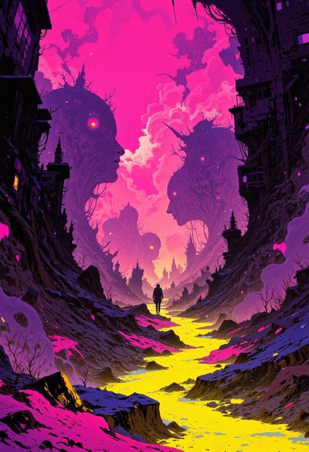 A hauntingly atmospheric digital painting of an urban void, shrouded in swirling volumetric fog that cloaks the fragmented silhouettes of figures moving like ephemeral ghosts through shifting beams of neon light. The silhouettes are indistinct, their forms dissolving into the haze, evoking a sense of mystery and detachment. The scene is bathed in a vibrant yet melancholic color palette of pulsing magentas, muted yellows, and deep shadows, with the fog absorbing and refracting the neon glow to create a surreal, dreamlike ambiance. An analog noise texture overlays the image, lending it a tactile, nostalgic quality reminiscent of decaying film stock, further blurring the line between physical space and digital memory. The composition feels immersive yet disorienting, as if the viewer is caught in a hypnotic rhythm of light and shadow within a city lost to time. Cyberpunk aesthetic, dystopian surrealism, analog futurism.