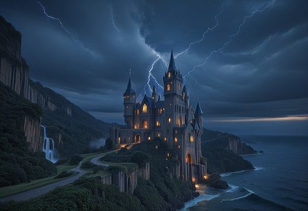 Stable_Yogis_PDXL_Positives, masterpiece,best quality,amazing quality,very aesthetic,high resolution,ultra-detailed,absurdres,newest, outdoors, mw01out, mwl01, castle, castle on the edge of a cliff, white walls, purple turrets, nighttime, night, thunderstorm in the distance, thunderclouds, overlooking the ocean, stormy