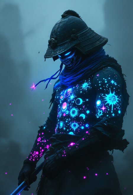 super head closeup, In this haunting scene, a silhouette of a samurai warrior emerges from the darkness, his form barely visible against the thick, fog-covered battlefield. His entire body is adorned with glowing, intricate tattoos of stars, planets, and cosmic patterns that pulse in vibrant neon hues of pink, blue, and green, casting an eerie glow that breaks through the suffocating fog. These cosmic tattoos shimmer across his skin, contrasting starkly with the ghostly, washed-out whites and grays that dominate the scene.
His weathered kabuto helmet, with a tattered blue scarf trailing behind, obscures his face, giving him an ominous, faceless presence. The tattoos across his arms and chest faintly illuminate his armor, now reduced to jagged silhouettes, blending into the swirling mists. His katana, once gleaming, now only reflects faint glints of light, catching the glow of his celestial tattoos as if drawing energy from a distant, dying star.
The once-vibrant haori he wears, now a shadowy echo of its former self, flows and twists in the mist, which seems almost alive, writhing violently around him. His sandals, hidden in the dark haze, make it seem as though he hovers above the ground, like a phantom suspended in the chaos. The entire scene bleeds with isolation and menace, the neon glow of his tattoos the only break from the overwhelming blackness,