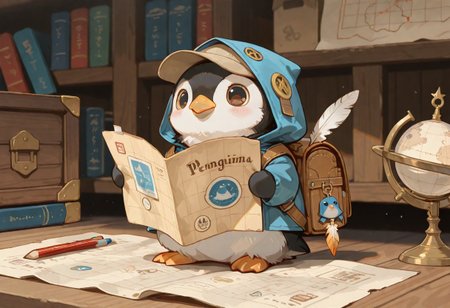 masterpiece, newest, absurdres, incredibly absurdres, best quality, amazing quality, very aesthetic, newest, no lineart, no outline, no humans, animal, A full-body portrait of a cute baby penguin dressed as a little traveler, with fluffy feathers and big round eyes, wearing a miniature hooded cloak and a small explorer's cap. The penguin is holding a large map almost as big as itself, and has a tiny backpack filled with rolled-up maps, pencils, and other exploration tools. A tiny globe-shaped charm dangles from the map. The penguin stands on a rocky surface with a curious and determined expression, ready for an adventure,
depth of field, usnr, S4bit4mago_illu