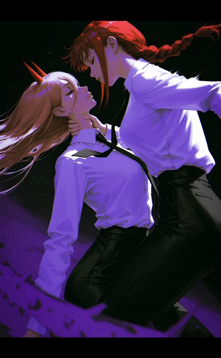 96yottea, realistic, narue,  kan liu \(666k\),  realistic, profile,   floating hair, blurry motion, in motion, dynamic, 
2girls, grabbing another's neck, makima \(chainsaw man\), power \(chainsaw man\),  expressionless, closed mouth, closed eyes, looking at another, white shirt, black pants, formal clothes,  
black background, dark theme, limited palette, red theme, blue theme, purple theme, blending, blending background, asphyxiation, 
depth of field, blurry background, blurry foreground, dutch angle, 
<lora:nhl-001-20:0.4> nhl-001,
<lora:nhl-002-nai:0.4>  nhl-002,
<lora:nhl-003:0.55>  nhl-003, 
very aesthetic, amazing quality, best quality, masterpiece,