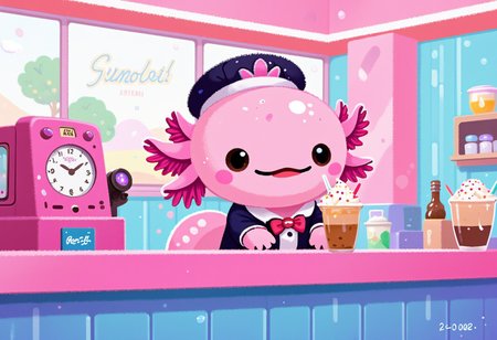 pikaole of, axolotl barista, in a retro diner, making milkshakes and coffee, wearing a retro uniform, nostalgic and fun setting, the axolotls have pink frilly gills and round black eyes