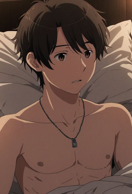high resolution, solo, best quality, 1Boy, Inaho Kaizuka, Black Hair, Brown Eyes, bedroom, dimly lit, pillow, blanket, necklace, upper body quarter, sexual stimulation, tissue, sex toys, climax, masturbation, shirtless, sixpack, OverallDetail