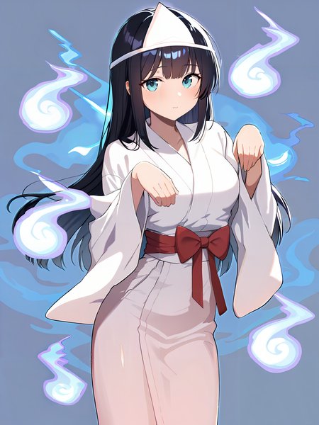 masterpiece, high score, great score, absurdres,vivid,ultra-detailed line,ultra-detailed background,clear skin,shiny hair,cute girl,cute face,kawaii,beautiful eyes,real skin <lora:shirosyouzoku_XL_V1.0:1> shirosyouzoku, ghost pose, long sleeves, hitodama