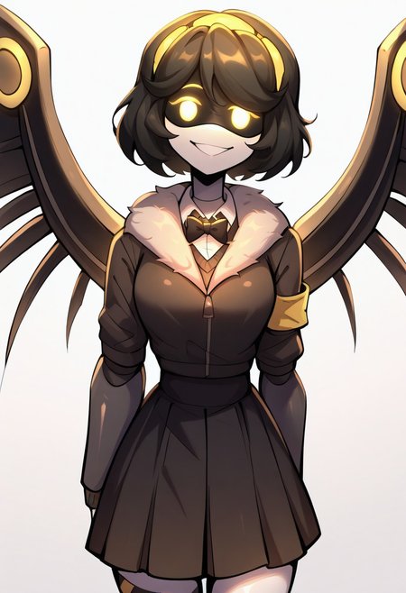 (masterpiece, high quality, highly detailed, best quality), SD-V, 1girl, solo, robot girl, humanoid robot, robot joints, hairband, short white hair, yellow eyes, solid circle pupils,fur-trimmed black jacket, armband, mechanical wings,
solo, skirt, short hair, , looking at viewer, , sweater, bow, bowtie, pleated skirt, white background, , bangs, black skirt, school uniform, black hair, simple background, long sleeves, smile
