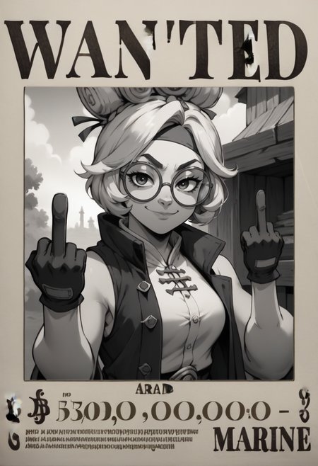 score_9, score_8_up, score_7_up, wanted, poster, character name, cover, <lora:WantedPoster_pdxl_Incrs_v1:1.1>, english text, <lora:purah-pdxl-nvwls-v1:0.7> purah, hair ornament, headband, glasses, sleeveless shirt, coat, gloves, smirk, middle finger, monochrome,