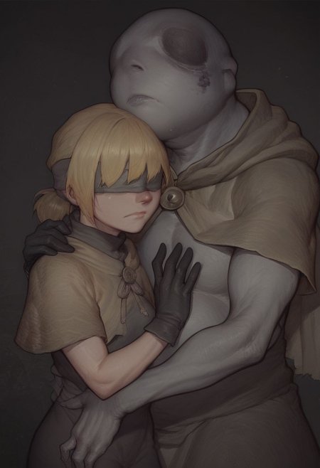 score_9, score_8_up, score_7_up, 1girl, blonde hair, short ponytail, bangs, grey blindfold, covered eyes, yellow cloak, black gloves, hide capelet, embracing, er_frogman, monster