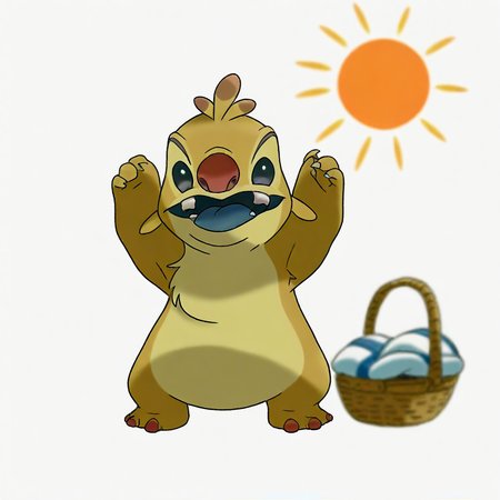 pillow, full body, pokemon (creature), basket, arms up, white background, no humans, blurry, sun, simple background, tongue, teeth, fangs