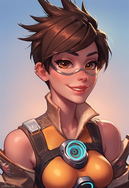 score_9, score_8_up, score_7_up, score_6_up, tracer, turning to face viewer, head tilt, 1 girl, seductive smile, looking at viewer, sexy revealing outfit, kinky, adorable, petite, side view, looking at viewer, round face, 18 years old, cutest girl in the world
