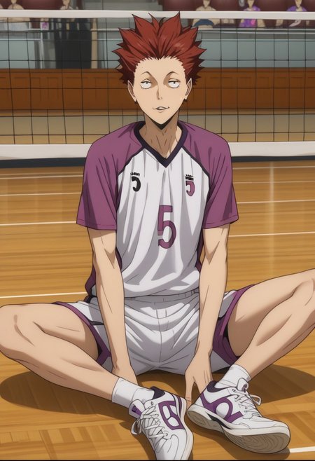 score_9, score_8_up, score_7_up, source_anime, rating_safe, volleyball net, Tenaikyu, 1boy, male focus, anime screencap, sweatingi, white-purple shiratorizawa shirt, white-purple shiratorizawa shorts, white sneakers, sitting, leaning back,, legs spread, arms support,
