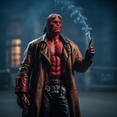 a red  man with a leather jacket and a pant having smoking a cigar, steampunk city background <lora:Hellboy1024:0.8>
