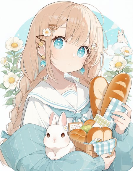 masterpiece,  best quality, newest, highres, absurdres,<lora:Chon_style:1>,1girl, hair ornament, flower, braid, food, long hair, holding, rabbit, bangs, solo, long sleeves, looking at viewer, sailor collar, blue eyes, jewelry, earrings, upper body, hairclip, bread, twin braids