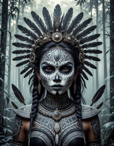A striking and intricate Dayak art illustration of a beautiful female demon, adorned with traditional Dayak tribal patterns and jewelry. Her face is painted in dark shades, and her hair is adorned with feathers and bones. She holds a menacing weapon in each hand, and her surroundings are filled with the spirits of the forest, represented as various animals and mystical creatures. The overall artistic style is traditional, yet surreal and captivating.(art monochrome,digital art oil painting,ink,charcoal,double exposure)glass  painting<lora:luxart:1>