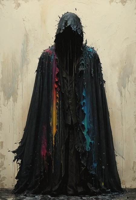 Silhouetted figure with tattered, billowing cloak, Volumetric lighting, <lora:Melting_world:0.8>, <lora:gorgoeus_splash_of_vibrant_paint:0.7> Gorgeous splash of vibrant paint
