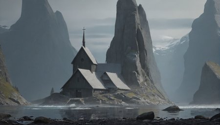 best quality, masterpiece, raw photo, 8k, uhd, cinematicpainting, a norvegian church in the middle of a norway landscape    <lora:Cinematic_Painting_XL_V02:1>