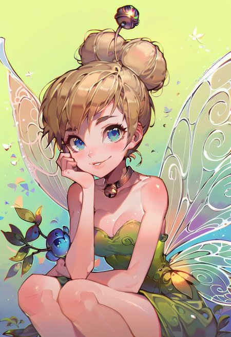 score_9,score_8_up,score_7_up,score_6_up, easynegative, Kawacy_PS, tinkerbell, 1girl, blonde hair, blue eyes, single hair bun, fairy wings, bare shoulders, sitting, smile, breasts, head rest, green dress, strapless dress, lips, cleavage, epiCPhoto