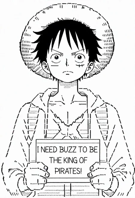 masterpiece, very aesthetic, absurdres,<lora:LUFFY_pony_XL:0.6>, Luffy, jacket, scar on chest, straw hat, black hair, 1boy, solo, alone, <lora:Ascii_character_illustriousXL:0.9>, ascii_art_style, monochrome, greyscale, white background, simple background,  masterpiece, highres,need_buzz, holding sign
