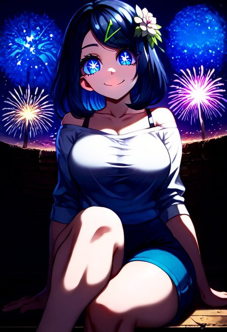 score_9, score_8_up, score_7_up,source_anime, jvdaniang, planet size, 1girl, Liko_(Pokemon), black_hair, blue_eyes, medium_hair, cowlick, hairclip, symbol-shaped pupils, eyelashes, hair flower, shirt, white shirt, collarbone, off shoulder, bra strap, shorts, blue shorts, large breasts, Surreal night scene, stars, sitting, floor, sitting on floor, bend over, crossed legs, looking down, in city, facial expression, kind, smile, head tilt, soft eyes, dreamlike atmosphere, fireworks, glowing edges, mystical, high contrast, ethereal light, side view, gl0w, glow, Extreme Size Difference, gradient eyes, beautiful detailed eyes, high gradient eyes, detailed eyes, high definition eyes, downward view, low-angle of viewer, low angle, left side position, growing even larger,