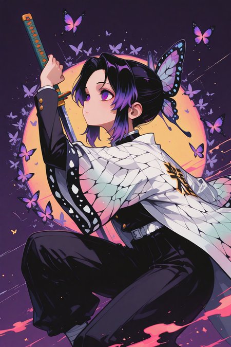 1girl ,  kochou shinobu, purple eyes, gradient hair, purple hair, black hair,purple butterfly background, sexy_pose,dynamic pose,holding katana,
BREAK
masterpiece, best quality ,amazing quality ,S4bit4mago_illu , xxx667_illu ,Protoneon ,in the style of Jeda,vibrant colors, 
<lora:ponyv6_noobE11_2_adamW:0.3> <lora:NOOB_vp1_detailer_by_volnovik_v1:0.3> <lora:Protoneon:0.65> <lora:S4bit4mago:0.85> <lora:illustriousXL_stabilizer_v1.23:0.3> <lora:XXX477:0.5> <lora:StyleA:0.7>