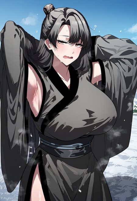 score_9, score_8_up, score_7_up, score_6_up, source_anime, rating_explicit, 1girl, solo, huge breasts, <lora:Flame Ghost Demonponyxl:1> long hair, black hair, single hair bun, half updo, brown eyes, chinese clothes, black kimono, sleeveless kimono, sash, black gloves, detached sleeves, wide sleeves, black sleeves, half-closed eyes, sleepy, open mouth, wavy mouth, Narrow shoulders, heavy breathing, steaming body, snow field, outdoors, looking at viewer, close-up, standing, arms behind head,
