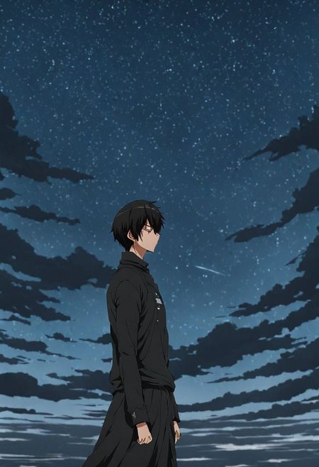 high resolution, solo, best quality, 1Boy, Kanie Seiya, Black Hair, existential longing, infinite sky, strong wind, OverallDetail