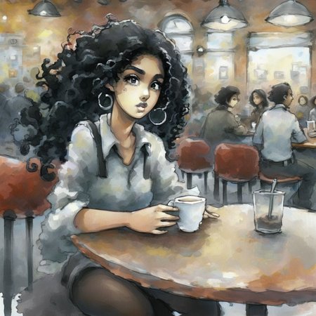 artmix04 beautiful girl with long curly black hair in a cafe in the background people at tables, very detailed<lora:artmix04:1>