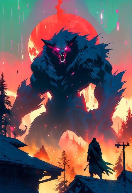 score_9, score_8_up, score_8_up, ((Cinematic composition)),((masterpiece)), (resplendent highlighting), 8k. 
a giant werewolf howling with claws outstretched  summons evil monstrous glowing dire wolves. He towers over the cottage and forest.
The background is a moonlit night sky, with a large, full moon casting an eerie glow over the scene. Undead are emerging from the shadows. 
 Charcoal and colourful oil pastels. Deep dark blacks. impressionistic bidimensional, standing on a rooftop looking down at a city under siege, fires, gunfights, people running. (Parts of the city are on fire) night time. Eerie green Fires illuminate dark parts of the city. A building explodes in the background. Broken moon in the night sky.
faded watercolours (Klimt :1.2) dadaistic collage (by Bill Sienkiewicz:1.5), strikingly alluring face. brilliant spotlight effect. Vibrant thick dripping paint. Intense detail, realistic, dynamic shadows and contrasts. Deep rich colours contrast against the dull muted background.