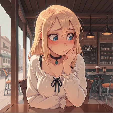 masterpiece, best quality, absurdres,
1girl, embarrassed, blush, long_hair, blonde_hair, blue eyes, sitting,
blouse, choker, 
full_body, from front,
metal table, metal chairs, outside, cafe,