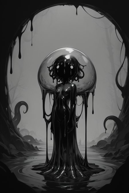 score_9, score_8_up, score_7_up, score_6_up, score_5_up, score_4_up, <lora:GRIM_v1:1>  greyscale, monochrome, limited palette, horror (theme), eldritch abomination, chaotic, silhouette,, <lora:wizardslimev15-t:1> wizardslimus, slime skin, transparent head, transparent body, transparent hair, transparent face, transparent, slime girl