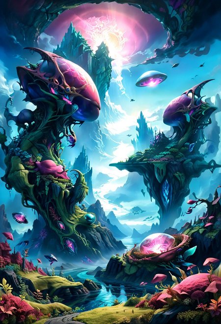 Hyper-realistic alien landscape featuring a vast crystal forest with towering, a greenish coloring of plant life and large hills and smallish mountains like the Scottish highlands. . castle, The sky is a swirling mix of deep indigo and bright magenta, with two suns setting on the horizon. bioluminescent plants line the riverbanks.A flying ship, is flying high up in the sky Extreme detail, 8K resolution, photorealistic textures, cinematic lighting, depth of field.