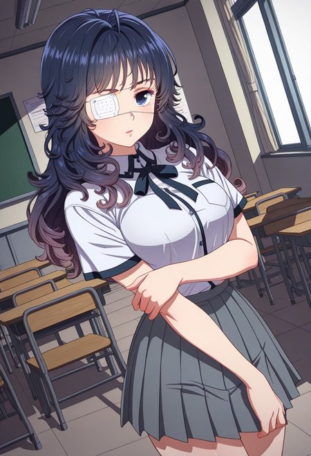 incredibly absurdres,masterpiece,absurdres,high quality,anime coloring,volumetric light,(very aesthetic),indoors,classroom,dutch angle,cowboy shot, BREAK 1girl,acai ko b,solo,eyepatch,white eyepatch,blue eyes,long hair,multicolored hair,bangs,black hair,blue hair,breasts,school uniform,ribbon,neck ribbon,pleated skirt,socks,sandals,standing,posing,upper body,looking at viewer