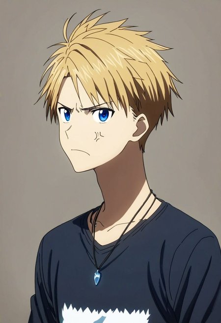 high resolution, solo, best quality, 1Boy, Yamato Ishida, Blond Hair, Blue Eyes, Necklace, potrait, dark shirt, looking at viewer, focused gaze forward, simple background, straight body, upper body, head upright, anger, OverallDetail