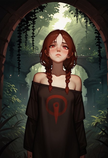 score_9, score_8_up, score_7_up, score_6_up, score_5_up, score_4_up, 1girl, blushing profusely red, 1girl,mysterious girl with freckles,an exotic Polinesian girl in off-shoulder shirt, Hairs in two braids, fading backlit background,pastel colors,surreal,  detailed, bokeh, perfect balanced, deep fine borders,artistic photorealism, smooth, whole body view, jungle background, temple, sexy, (tanlines:0.4), sharp, very detailed, 4k