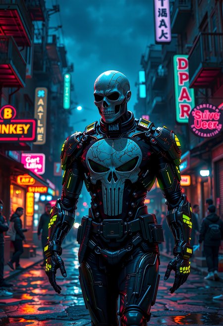 The neon-lit streets of a futuristic slum provide the backdrop for a retro cyberpunk anti-hero, the Punisher. His cybernetic armor, deliberately corrupted with patterns, glows in the night, a testament to his brutal efficiency. The human head, imbued with the iconic Punisher symbol, conveys his unwavering commitment to justice. As he walks through the slums, his mechanical arms and enhanced physique embody the fusion of man and machine. The style, inspired by Apterus and Clive Barker, captures the Punisher's unique blend of vigilante justice and cybernetic enhancements, leaving onlookers enthralled by his presence and the retro-futuristic, synthwave-infused atmosphere that surrounds him.   <lora:scifi/fluxPunk_v1.safetensors:1.0>,  <lora:flux/Sinfully_Stylish_.02_for_FLUX-000002.safetensors:1.0>,  <lora:flux/perfection style v2d.safetensors:1.0>, perfection style, <lora:flux/ARTifacts>,