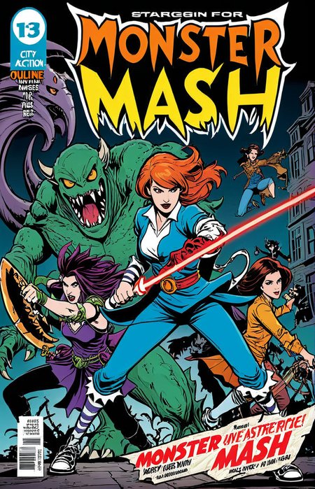 a comic cover of a heroine fighting monsters, text "Monster Mash", outline, best quality, masterpiece, cbcmkrsdxl, comics logo,  <lora:cbcmkrsdxl:0.9>,  city, action, punch
